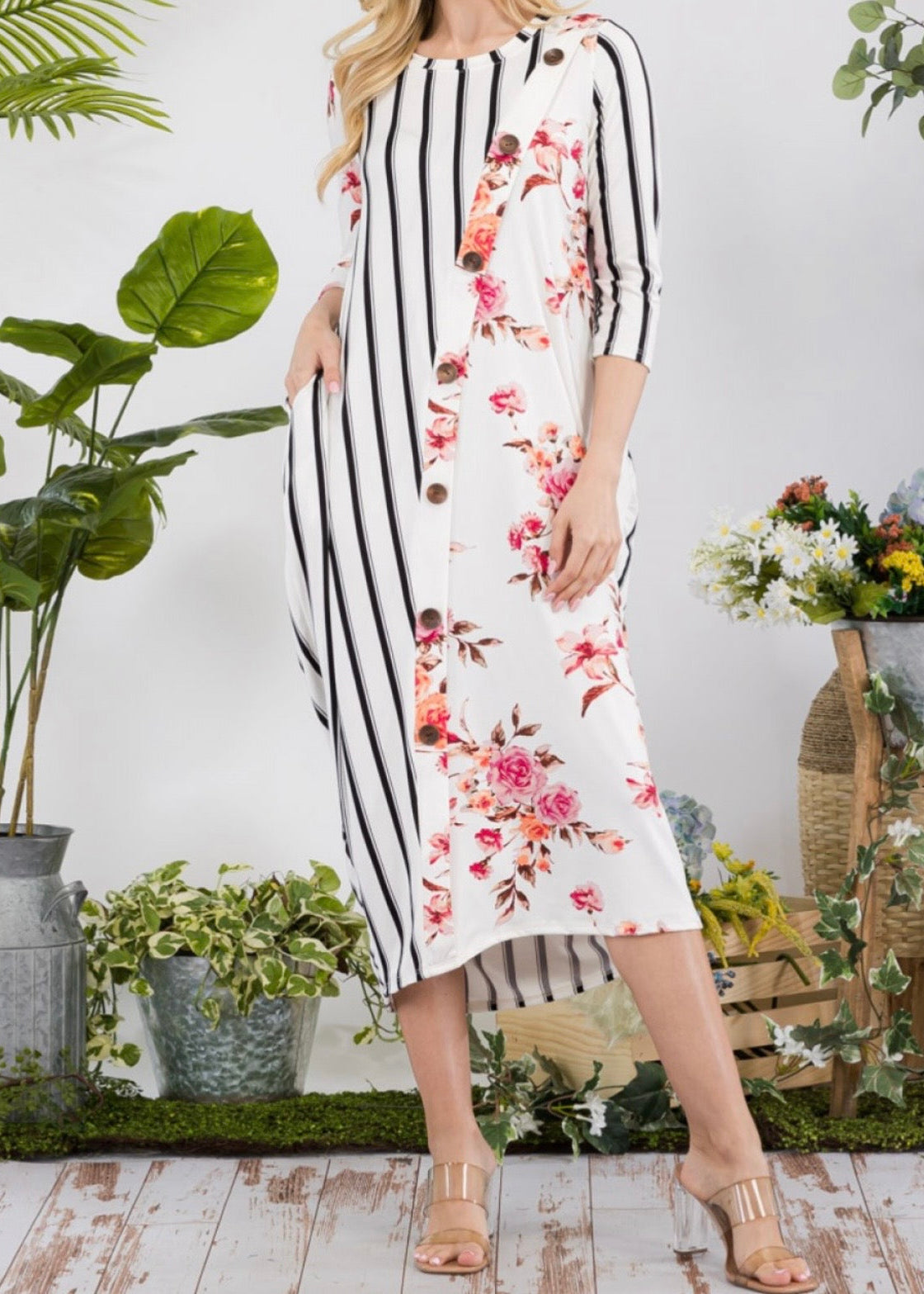 Stripe Floral Dress-Plus