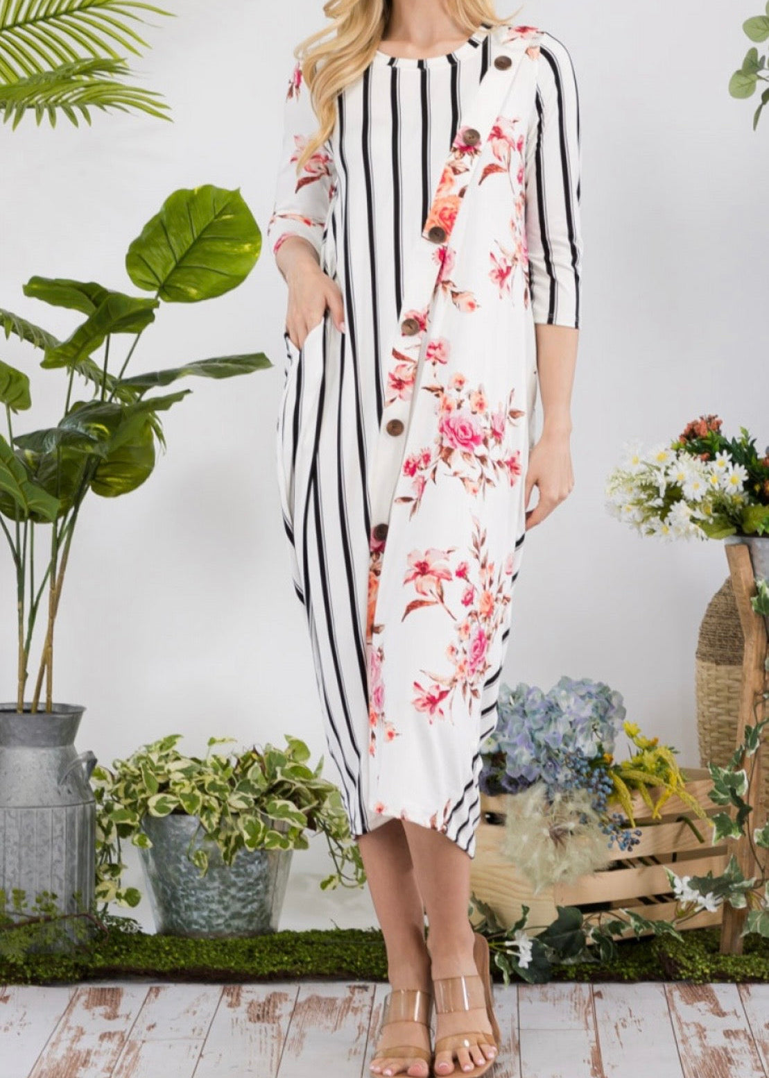 Stripe Floral Dress-Plus